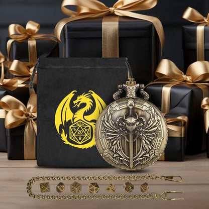 Mini DND Dice Set with Steampunk Paladin Pocket Watch Shell Case, DND Starter Set, 7pcs Polyhedral Mini Metal Dice Set, DND Gifts with Gift Bag, Role Playing Board Game Accessories,Bronze - color: Bronze