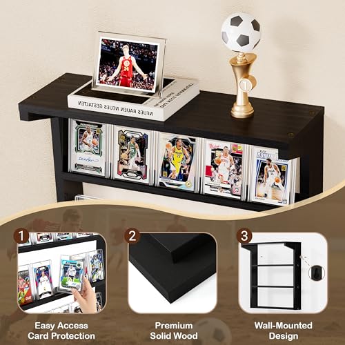 Emfogo Trading Card Display Stand for Wall, 3 Tier Wooden Graded Card Display Stand, Sports Card Display Case, Trading Card Stands for Display Collection, Black