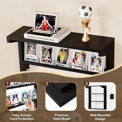 Emfogo Trading Card Display Stand for Wall, 3 Tier Wooden Graded Card Display Stand, Sports Card Display Case, Trading Card Stands for Display Collection, Black