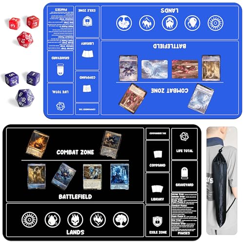Card Game Playmats MTG Playmat for Beginner 2 Pack with Dices, Magic Mat Commander Deck Card Playmat for TCG MTG Accessories Play Mat 24x14 Inches Duel Card Battles, Black/Blue - color: Black+blue