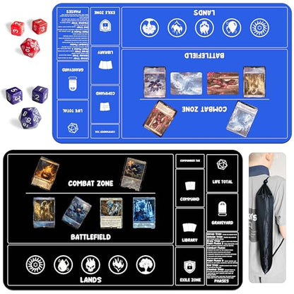Card Game Playmats MTG Playmat for Beginner 2 Pack with Dices, Magic Mat Commander Deck Card Playmat for TCG MTG Accessories Play Mat 24x14 Inches Duel Card Battles, Black/Blue - color: Black+blue