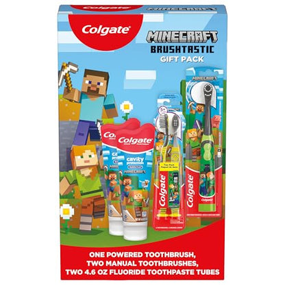 Colgate Kids Minecraft Toothbrush and Kids Toothpaste Gift Set, Includes Minecraft-Themed Battery Toothbrush, 2 Bubblegum Flavored Fluoride Toothpastes, and 2 Manual Toothbrushes - style: Minecraft