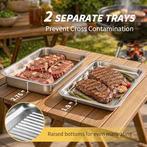 Grilling Prep and Serve Trays, Stainless Steel Large Capacity Food Prep Tray, Grill Carry System, Marinade Container with Lid and Cutting Board, BBQ Grill Accessories, Grilling Gifts for Men