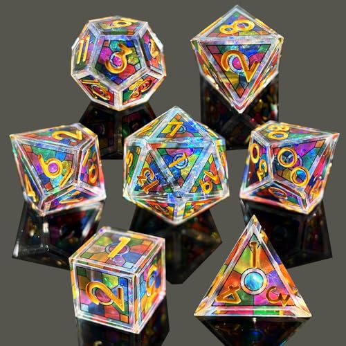 HAOMEJA Double Layered Resin Dice Set 7pcs/ Stained Glass Effect & Gold Numbers/Sharp Edged Polyhedral Dice/Apply to D&D/DND/Role Playing Game/RPG/Party Gift (Rainbow) - color: 3 Rainbow