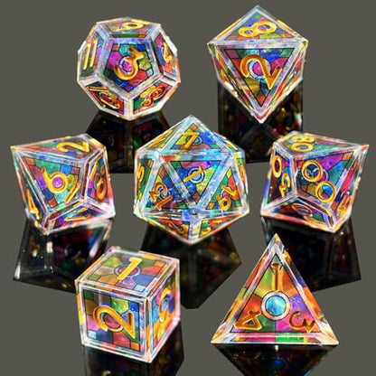 HAOMEJA Double Layered Resin Dice Set 7pcs/ Stained Glass Effect & Gold Numbers/Sharp Edged Polyhedral Dice/Apply to D&D/DND/Role Playing Game/RPG/Party Gift (Rainbow) - color: 3 Rainbow