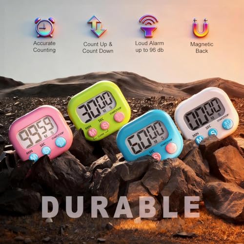 Antonki 4 Pack Digital Timer for Kids, Kitchen Timer for Cooking, Classroom, Study, Exercise with Countdown/Up Mode - Loud Alarm, Large Display - AAA Battery Operated (Not Included)