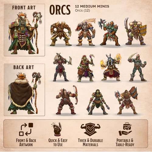 Skinny Minis Orcs Miniatures Set, 12 Flat Minis, D&D Compatible, 2D Acrylic Figures for Tabletop RPGs, 5e & Pathfinder Monster Minis
