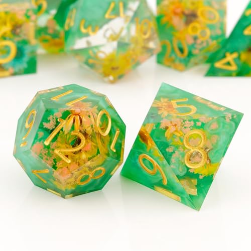 Haxtec Flower DND Dice Set Sharp Edge Resin Polyhedral Dice, Floral D&D Dice with Metal Case, Handmade Flower Inside Dice Set for Dungeons and Dragons TTRPG, Spring Pearl Green DND Gift - color: Green