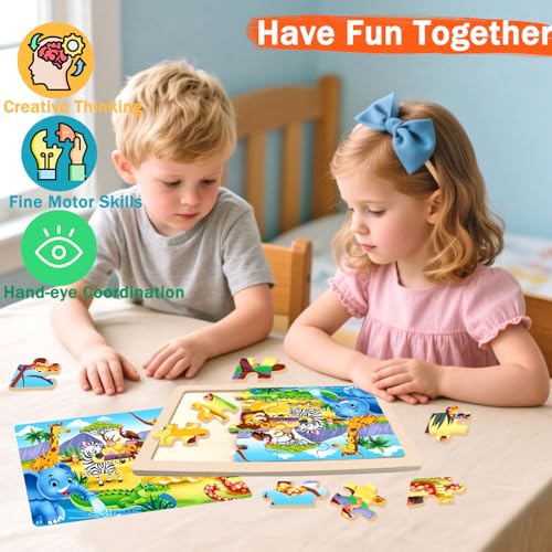 Wooden Puzzles for Kids Ages 4-6, 24 Pieces Dinosaur, Undersea, Wildlife, Farm Jigsaw Puzzles for Kids Ages 3-5. 4 Pack Toddler Puzzles Toys for Boys and Girls Ages 3,4,5,6 Year Old - color: Dinosaur+sea+animal+farm