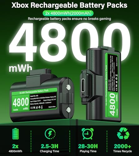 Rechargeable Controller Battery Pack for Xbox,2x4800mWh(2000mAh) Batteries Pack with USB-C Charging Cable for Xbox Series S|X/X-box One S/X/ Elite Remote Play and Charge Kit with 4 Cover(2 Pack) - color: Black
