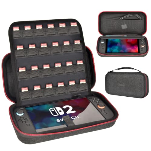 Ordlyne Felt Carrying Case for Nintendo Switch 2 with 24 Game Card Slots | Fitted console compartment, plush lining, screen divider and mesh pockets organize cables and accessories. Black, Case Only