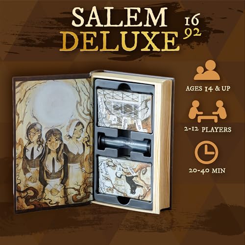 Facade Games Salem 1692 Deluxe Edition, Witch Hunt for 4-12 Players | Ages 14 and Up, Social Deduction Game, Deluxe Upgrades: Metal Gavel, Wood Tokens & Shillings - style: Deluxe Salem 1692