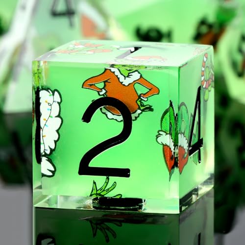 DNDND Full 7 Piece Sharp Edge Dice Set with Carton Stickers for Dungeons and Dragons D&D Table Games (Green with Carton) - color: Carton Green