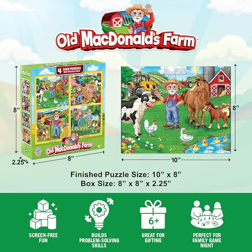 MasterPieces – Jigsaw Puzzle Set for Kids 6+ Years, 4-Pack of 100 Pieces, Educational and Fun Game, Old Macdonald’s Farm Collection, Gift Idea for Children, 8" x 10" - style: Old MacDonald's Farm
