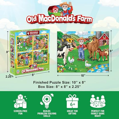 MasterPieces – Jigsaw Puzzle Set for Kids 6+ Years, 4-Pack of 100 Pieces, Educational and Fun Game, Old Macdonald’s Farm Collection, Gift Idea for Children, 8" x 10" - style: Old MacDonald's Farm