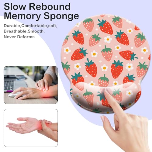 Gaming Mouse Pad Wrist Support,Ergonomic Mouse Pad with Wrist Rest,Comfortable Mousepad with Smooth Wrist Rest,Pain Relief Mouse Pads for Non-Slip Base,Computer,Laptop,Office，Home - color: Cute Strawberrys