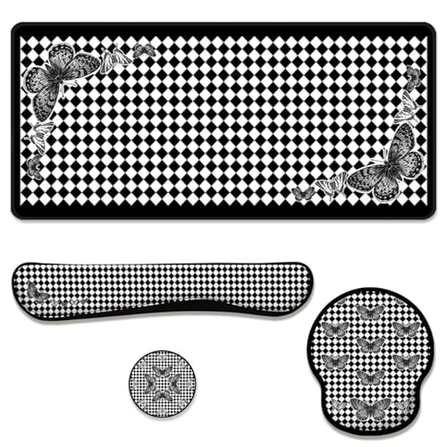 Gothic Butterfly Desk Mat Set Harlequin Black White Large Mouse Pad with Wrist 4in1 Desk Mat for Desktop Ergonomic Keyboard Wrist Support Anti-Slip Computer Ergonomic Mouse Pad Home Office Gaming - color: Gothic Butterfly