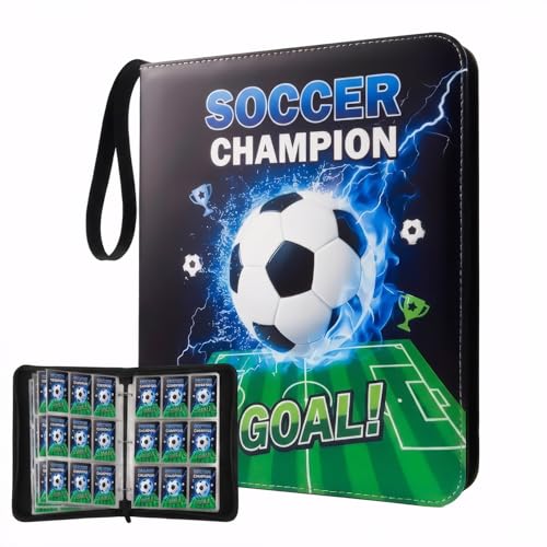 Trading Card Binder 9 Pocket, Soccer Card Binder Holds 900 Cards with 50 Removable Sleeves, Waterproof PU Leather with Zipper Card Collector Album Book Compatible with TCG Cards - color: Soccer