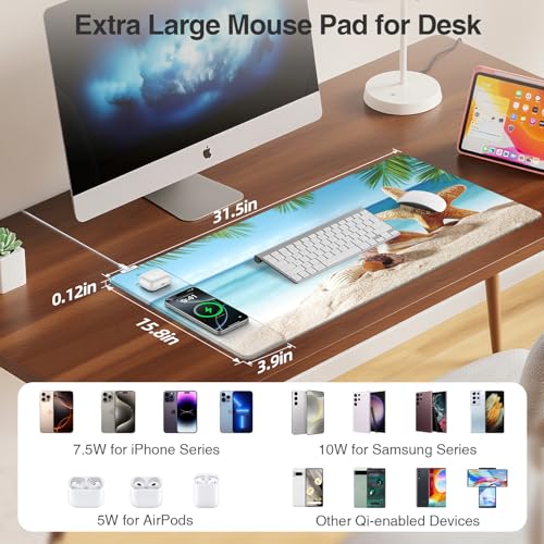 Wireless Charging Mouse Pad, 31.5"x15.8", with 20W PD Adapter, Summer Beach | Desk Writing Pad for Home Office Gaming, Waterproof Ultra-Smooth Surface, Non-Slip Base - color: Summer Beach-31.5"x15.8"(with Wall Charger)