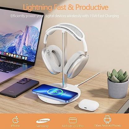 Headphone Stand with Wireless Charger, Gaming Headset Holder Hanger Rack 2 in 1 Wireless Charging Station Dock for iPhone 15/14/13/12/11 Series, AirPods Pro/3/2 and Desk All Headphones, White - color: White