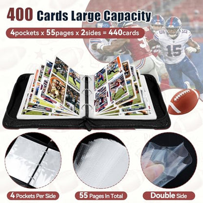 440 Pockets Football Card Binder 4 Pocket, Sports Card Binder with 55 Removable Sleeves, Football Card Holder Trading Card Binder with Football Pattern Wristband Fit for MTG, TCG, Game Gifts For Boys