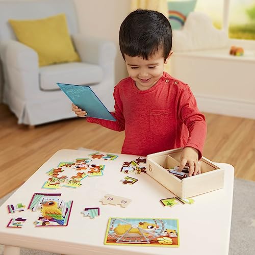 B. toys Wooden Puzzles Pack o' Puzzles Pets & Dinos 2-Pack Set, 2 Pack | 8 wooden jigsaw puzzles in 2 storage boxes; 12 pieces each, pet and dinosaur themes, color-coded backs, 2 Pack; 3+ Years - style: 2 Pack