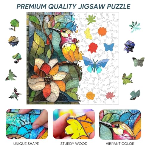 Qiuenisray Wooden Puzzle 200 Piece, Stained Glass Hummingbird Jigsaw Puzzle | Wood Puzzle for Adults Mom Grandmother, FSC Certified Unique Animal Shape Wood Puzzles, Bird Jigsaw Puzzles 11.2x11.2 in - color: Flower Bird, size: 200pcs