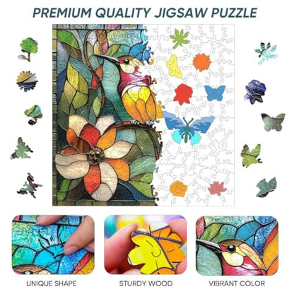 Qiuenisray Wooden Puzzle 200 Piece, Stained Glass Hummingbird Jigsaw Puzzle | Wood Puzzle for Adults Mom Grandmother, FSC Certified Unique Animal Shape Wood Puzzles, Bird Jigsaw Puzzles 11.2x11.2 in - color: Flower Bird, size: 200pcs