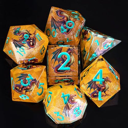 Double Layered Resin Dice Set 7pcs Dragon Pattern& Blue umbers Sharp Edged Polyhedral Dice Apply to D&D DNDRole Playing Game RPG Party Gift - color: Dragon Yellow