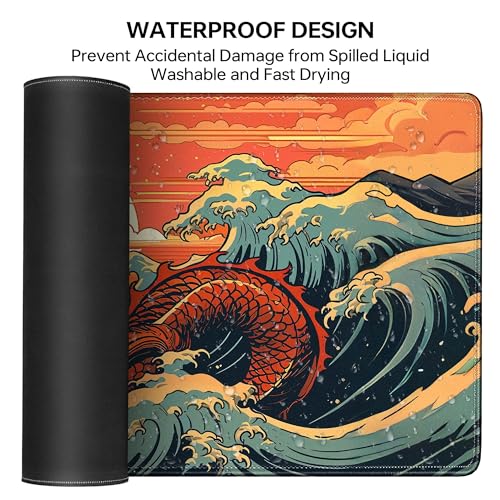 Wave Sea Dragon Gaming Mouse Pad,Anime Mouse Pad Gaming 31.5 x 11.8 in Mouse Mat Desk Pad,Extended Keyboard Pad Large Desk Mat Mousepad with Non-Slip Base and Stitched Edge for Home Office - color: Japanese Waves Sea Dragon