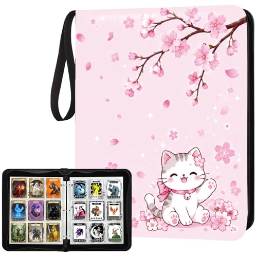 Card Binder 9 Pocket Trading Card Holder Fits 1008 Cards with 56 Removable Sleeves Portable Leather Collection Card Ablum Game Card Case Book with Zipper for Gift (Sakura Cat) - style: Sakura Cat Card Albums