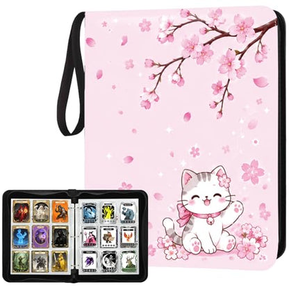 Card Binder 9 Pocket Trading Card Holder Fits 1008 Cards with 56 Removable Sleeves Portable Leather Collection Card Ablum Game Card Case Book with Zipper for Gift (Sakura Cat) - style: Sakura Cat Card Albums
