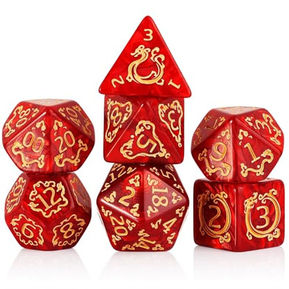DND Dice Set - 7 Polyhedral Role Playing Dice with Gold Dragon Design, Acrylic D&D Dice Perfect for Dungeons and Dragons, Pathfinder, Warhammer, RPG Games (Red) - color: Gold Dragon-red