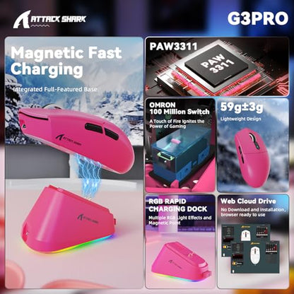 MAMBASNAKE ATTACK SHARK G3PRO Wireless Gaming Mouse,Tri-Mode, Bluetooth/2.4G/USB, 59g Ultra Lightweight,25K DPI,100M Clicks Switches,RGB Magnetic Charging Dock,PAW3311 Sensor,BK52820 Chip-Red - color: Red