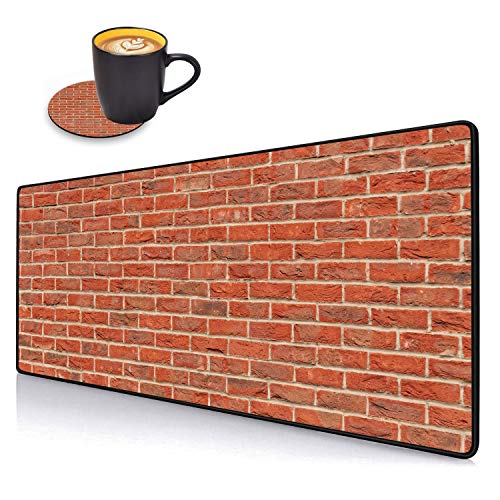 Desk Pad Mat Gaming Mouse Pads with Coasters Set, Stitched Edges Design Mouse Pad XXL Large Mouse Pad for Laptop Computers Red Brick Wall Pattern Desk Writing Mat for Office & Home 31.5"x 11.8" - color: Red Brick Wall Pattern