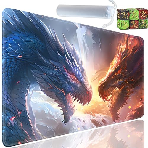 Playmat for MTG, 24x14 Inches Playmats, for TCG and CCG Trading Card Game Mat, Non-Slip Rubber for MTG Playmats with A Storage Bag and 6 Dice Set, Battle Between Two Dragons - color: Yu-Playmat-1-D101
