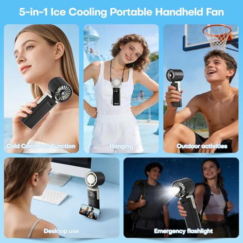 6000mAh Portable Handheld Fan with Ice Cooling, 199 Levels Stepless Speed, 20H Long Battery Life, 20000RPM Turbo Fan Rechargeable Personal Mini Fan for Travel, Outdoor, Makeup (Black) - color: Black