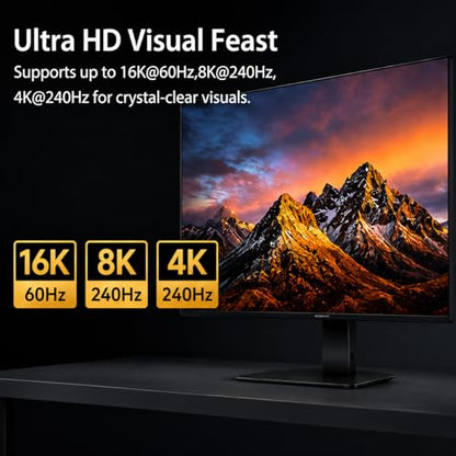 80Gbps DisplayPort 2.1 Cable 3.3FT, DP 2.1 Cable [Supports 16K@60Hz, 8K@120Hz, 4K@240Hz/165Hz/144Hz], Compatible with FreeSync/G-Sync Gaming Monitors, Suitable for RTX 5090/7900 XTX