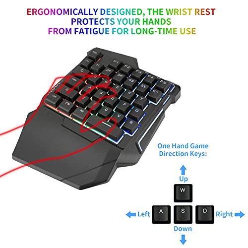 Half Hand Gaming Keyboard and Mouse Combo Laelr 35 Keys PUBG Wired Mechanical RGB Backlit Keyboard with Wrist Rest Wired Gaming Mouse Converter for Android iOS Phone Game Not Support iOS 13.4 & Above