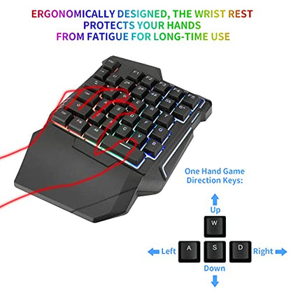 Half Hand Gaming Keyboard and Mouse Combo Laelr 35 Keys PUBG Wired Mechanical RGB Backlit Keyboard with Wrist Rest Wired Gaming Mouse Converter for Android iOS Phone Game Not Support iOS 13.4 & Above