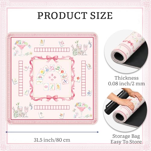 Pink Mahjong Tile Mahjong Table Mat, Non-Slip Noise Reduction Mah Jong Mat with Carrying Bag, Game Table Cover for Mahjongs Poker Card, Festival Birthday Gift for Mahjong Lovers, 31x 31In - color: Mahjong-pink