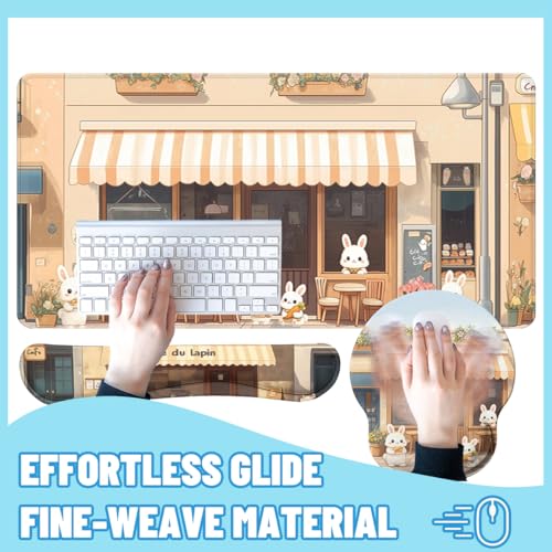 Kawaii Bunny Desk Mat Set Cozy Cartoon Bunny Cafe Mouse Pad with Wrist Rest 4in1 Desk Mat for Desktop Ergonomic Keyboard Wrist Support Anti-Slip Computer Ergonomic Mouse Pad Home Office Gaming - color: Kawaii Bunny