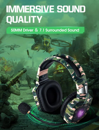 Nanddi Gaming Headset with Microphone, Gaming Headphones for PS4 PS5 Xbox One PC with LED Lights, PlayStation Headset with Noise Reduction 7.1 Surround Sound Over-Ear and Wired 3.5mm Jack (Green) - color: Camo Green