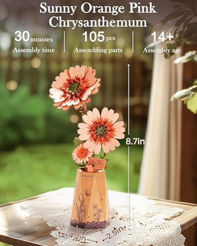 3D Flower Wooden Puzzles for Adults-Gerbera Daisy, DIY Wooden Flowers Model Kit Building Set Crafts for Adults to Build, Botanical Collection/Ideal Creative Gift Ideas/Housewarming (105PCS) - style: TW - Light Orange Daisy