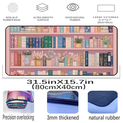 Cute Bookshelf Deskmat, Pink Desk Pad Mousepad XXL, Game Pad, Large Office Desk Keyboard Mat, Anti Slip Rubber Base and Sewn Edge Mouse Mat, Beautiful Reading Space Desktop Decor 31.5"X15.7" - color: Pink Bookshelf