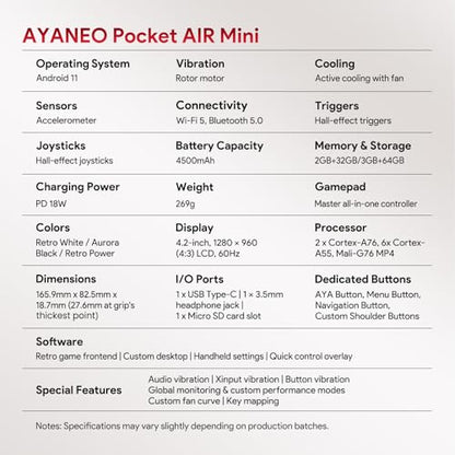 AKNES AYANEO Pocket AIR Mini Retro Handheld Game Console, 2G+32G | 4.2" 500 Nits HD Screen (1280x960 LCD, 60Hz), Android 11 Gaming System with Helio G90T, Hall Joystick & Trigger, Aurora Black - color: Aurora Black