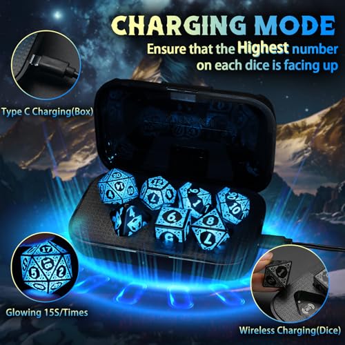LED DND Dice Set, Light up Dice Rechargeable for RPG DM Gifts, Blue | ZHOORQI D and D Polyhedral Dice with Charging Box, Glow in The Dark Dice Easy Reading for Dungeons and Dragons TTRPG - color: Blue-shackles