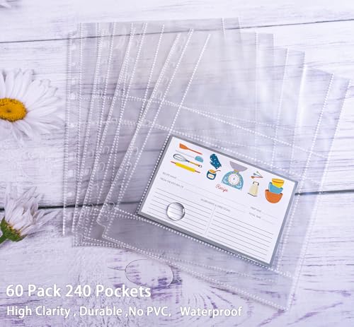 60 Pack 240 Pockets 4x6 Recipe Card Sleeves,3 Ring Binder Recipe Card Protector Pages,Double Sided 2 Pocket Refill Sheets for Recipe Book, 8.5x11 Inch Top Loading Clear Sleeve Sheets - color: 60 Pcs Sleeves