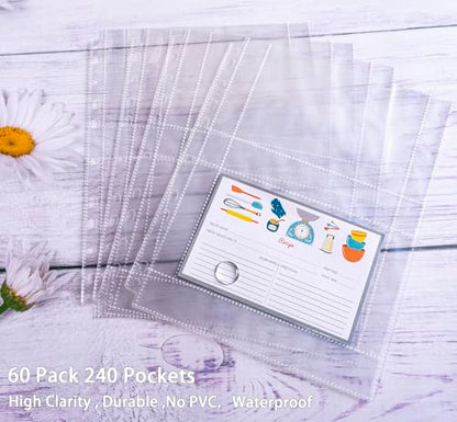 60 Pack 240 Pockets 4x6 Recipe Card Sleeves,3 Ring Binder Recipe Card Protector Pages,Double Sided 2 Pocket Refill Sheets for Recipe Book, 8.5x11 Inch Top Loading Clear Sleeve Sheets - color: 60 Pcs Sleeves