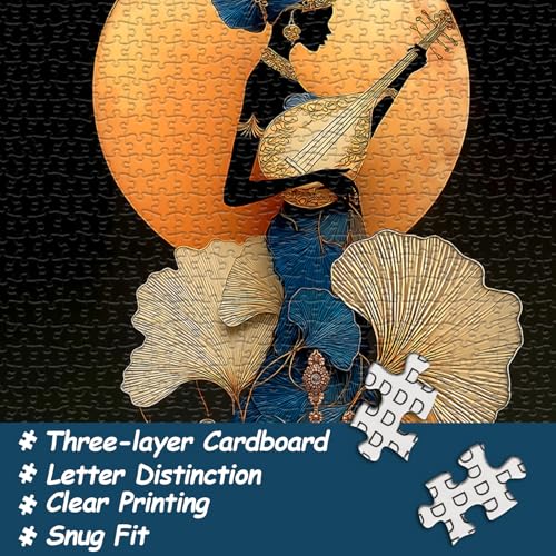 Impossible Puzzles for Adults 1000 Pieces，Music Lady Puzzles, Black Woman Puzzle Art Feature Leaf Moon Musical Instruments,Elegant Puzzle as Wall Decor - style: Moonlit Lute Woman puzzle